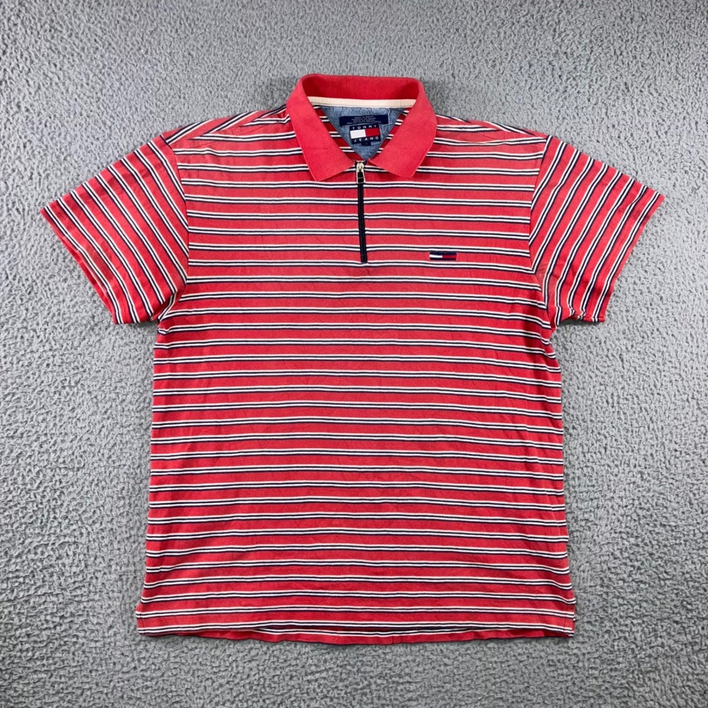 Vintage Rugby Tommy Jeans Polo Shirt Men M‎ Red Striped Quarter Zip 90s Cotton